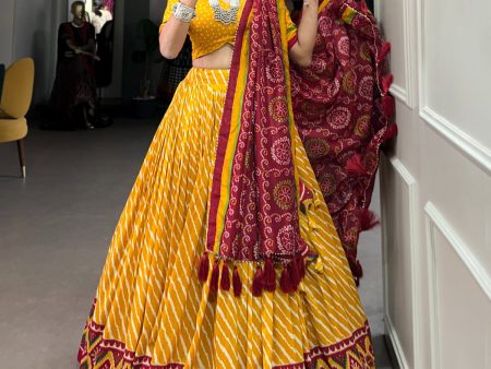 Lorenvalley Yellow Tussar Silk Lehenga Leheriya Patola Print Border With Choli Bandhej Print With Bandhej Print Gotta Patti Lace Border Dupatta on Sale