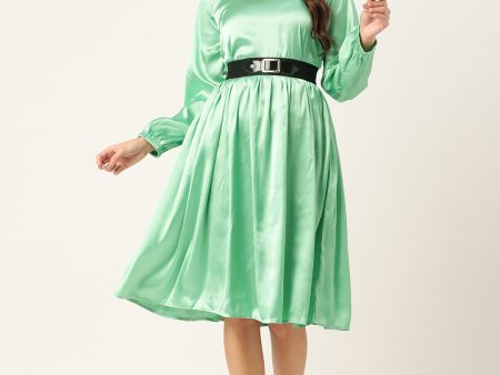 Women Green-Coloured Satin Dress With Belt - Rasiya Discount