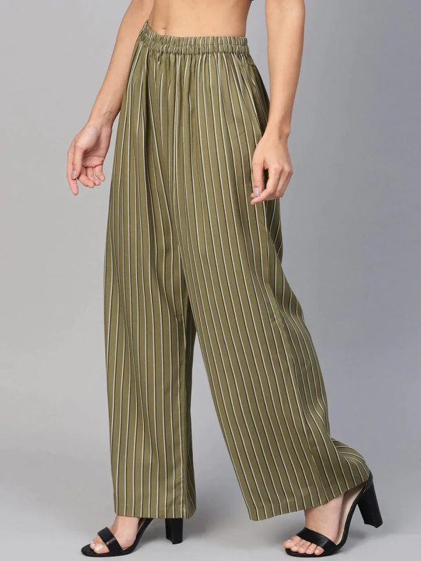 Women Olive Green & Black Striped Straight Palazzos - Rasiya on Sale