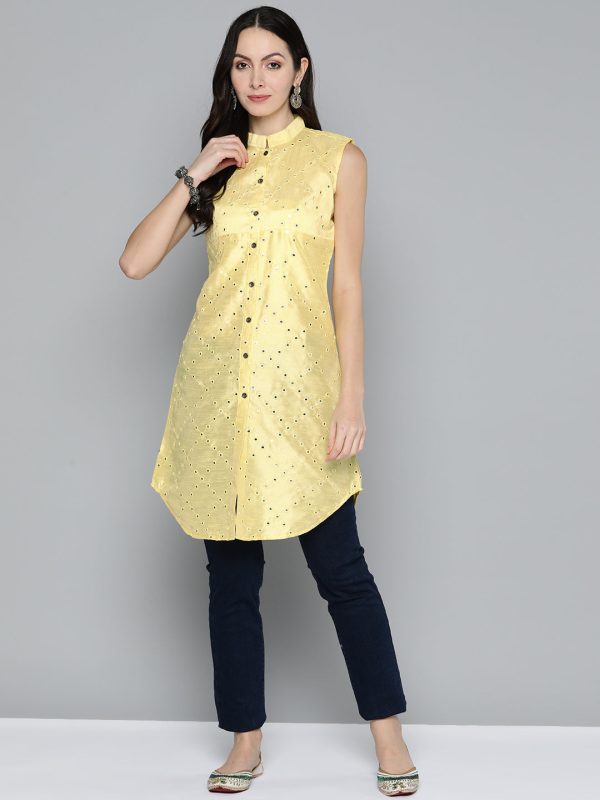 Women Geometric Embroidered Mirror Work Kurta Lemon - Rasiya For Sale