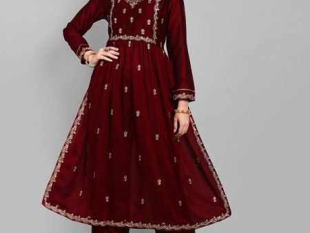 Malishka Women s Maroon Vichitra silk Embroidery Kurta Set Fashion