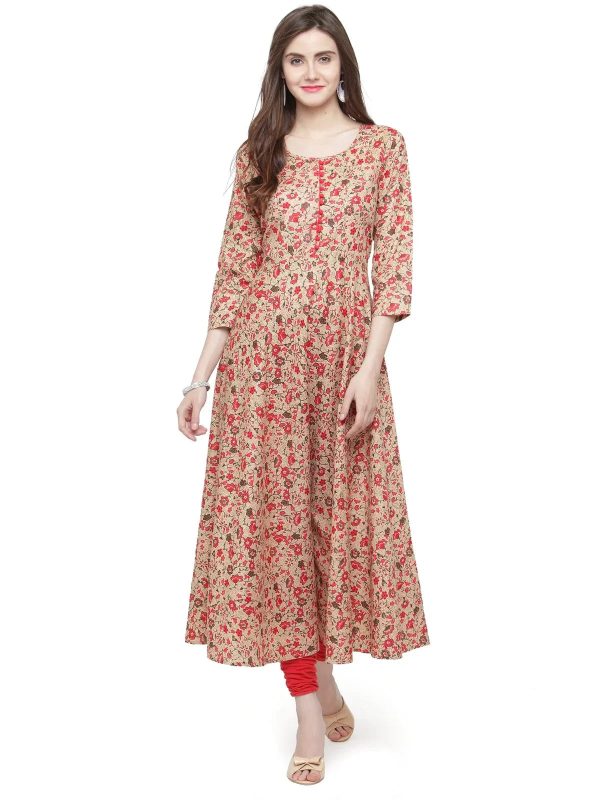 Women Red & Beige Printed A-Line Kurta - Rasiya For Cheap