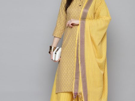 Woven Design Kurta, Pallazos And Dupatta Set Yellow - Rasiya For Cheap