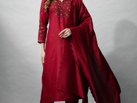 Malishka Women s Maroon Embroidered Cotton Blend Kurta Pant Set With Dupatta Sale