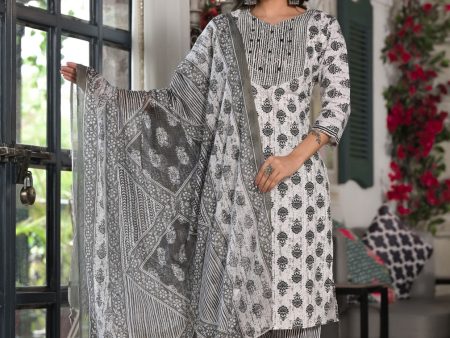 Juniper Women s Black Ethnic Motif Printed Cotton Kurta, Pant And Dupatta Set With Mirror & Thread Work Online now