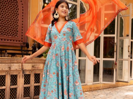 Pomcha Jaipur Gaurangi Blue Orange Cotton Floral Anarkali Set Online Hot Sale