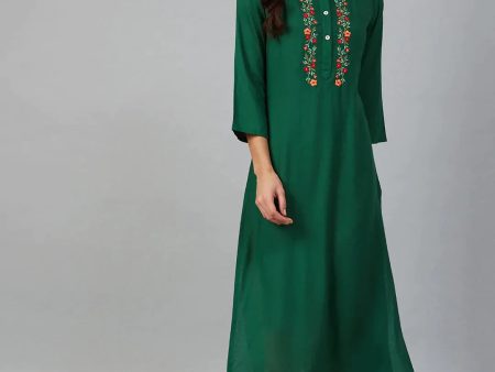 Women Green & Peach-Coloured Yoke Embroidered Straight Kurta - Rasiya Discount