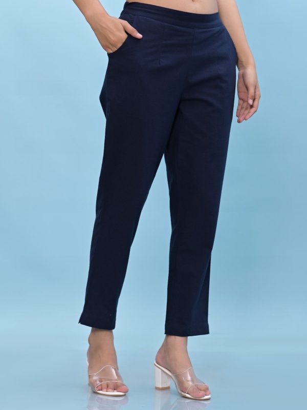 Juniper Women s Navy Blue Solid Cotton Pants with Partially Elasticated Waistband and Two Side Pockets Supply