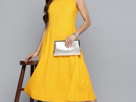 Yellow Floral Sequin Embroidered A-Line Midi Dress - Rasiya For Discount