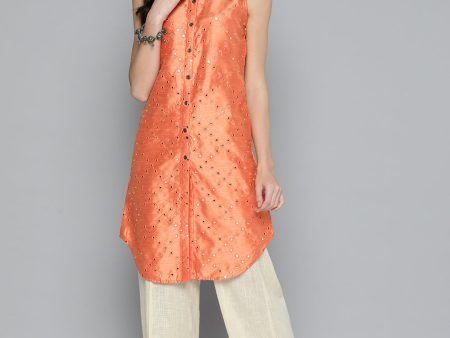 Women Geometric Embroidered Mirror Work Kurta Peach - Rasiya Online