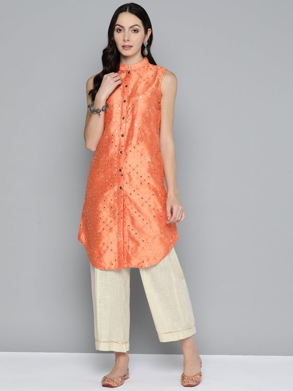 Women Geometric Embroidered Mirror Work Kurta Peach - Rasiya Online