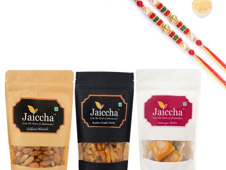 Ghasitaram Jaiccha Mango Bites, Butter Chakli Sticks and Almonds With 2 Pearl Beads Rakhis For Sale