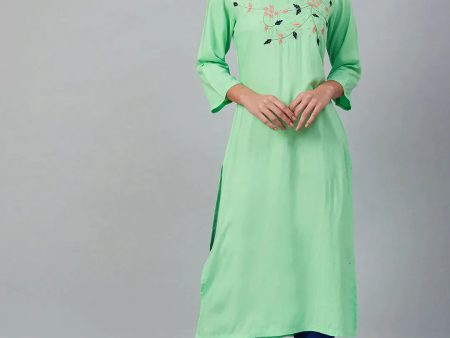 Women Green & Pink Yoke Embroidered Straight Kurta - Rasiya For Sale