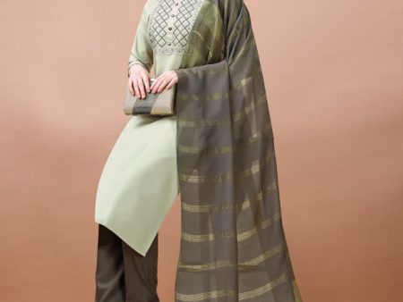 Malishka Women s Green Cotton Blend Embroidery Kurta Set With Dupatta Sale