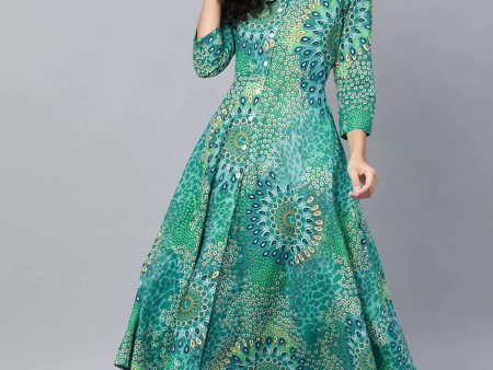 Women Green & White Printed Flared Kurta - Rasiya Hot on Sale