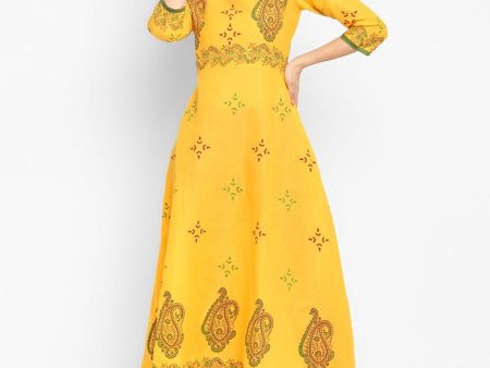 Women Yellow Cotton Printed Anarkali Kurti - Rasiya For Discount