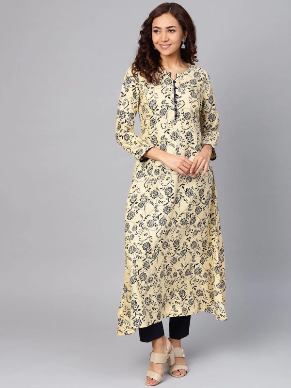 Women Cream-Coloured & Navy Blue Printed A-Line Kurta - Rasiya Discount