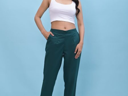 Juniper Women s Green Solid Cotton Pants with Partially Elasticated Waistband and Two Side Pockets Sale