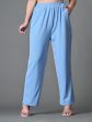 Myshka Women s Solid Ribbed High-Rise Wide Leg Casual Trousers in Blue Color Cheap