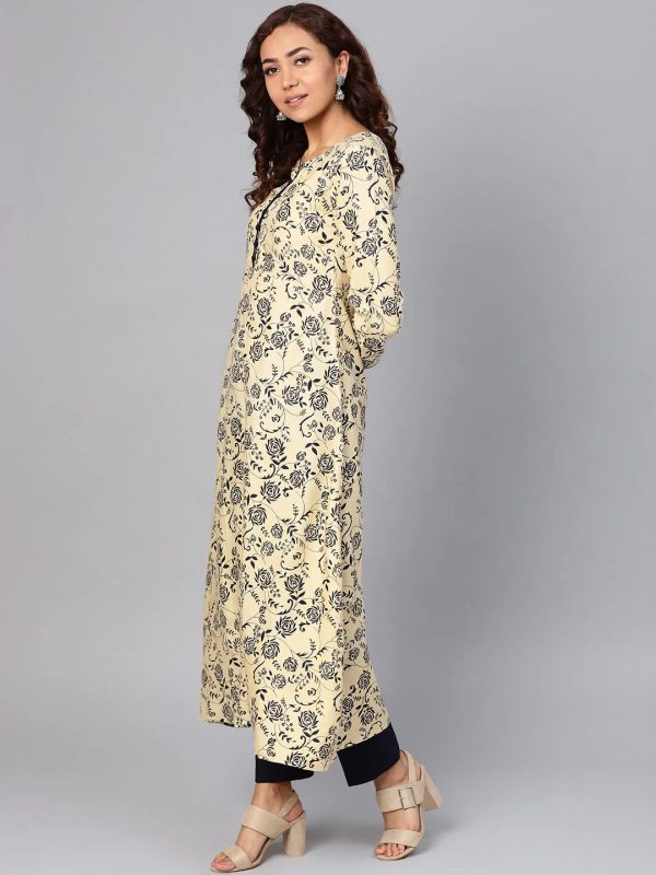 Women Cream-Coloured & Navy Blue Printed A-Line Kurta - Rasiya Discount