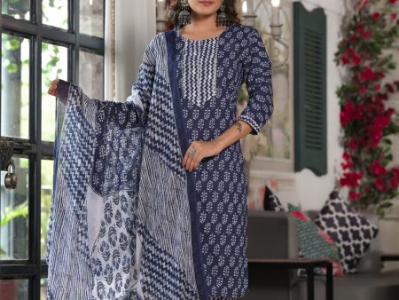 Juniper Women s Blue Ethnic Motif Printed Cotton Kurta, Pant And Dupatta Set With Lace For Cheap