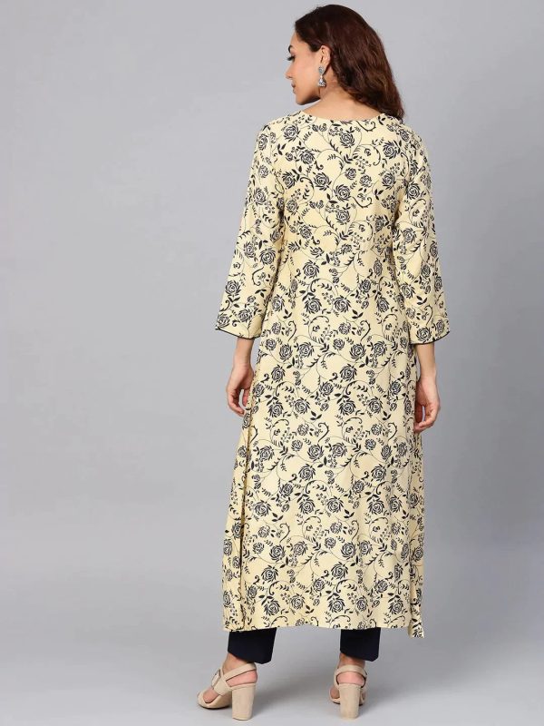 Women Cream-Coloured & Navy Blue Printed A-Line Kurta - Rasiya Discount