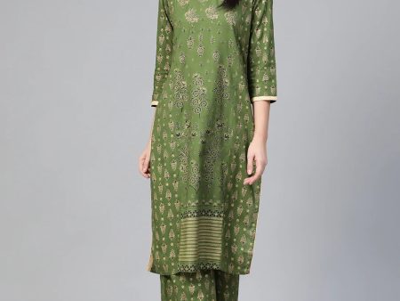 Women Green & Golden Block Printed Kurta With Palazzos - Rasiya Online now