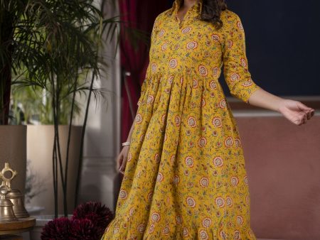 Women Yellow Floral Printed Flared Dress - Rasiya Online