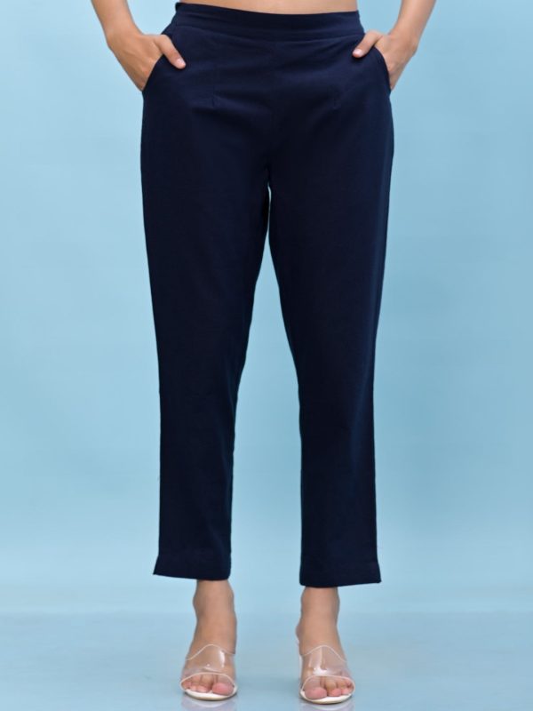 Juniper Women s Navy Blue Solid Cotton Pants with Partially Elasticated Waistband and Two Side Pockets Supply