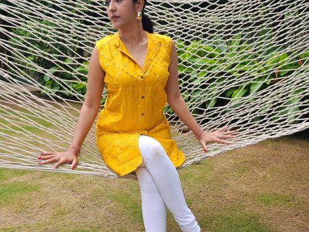 Women Geometric Embroidered Mirror Work Kurta Mustard - Rasiya Online Sale