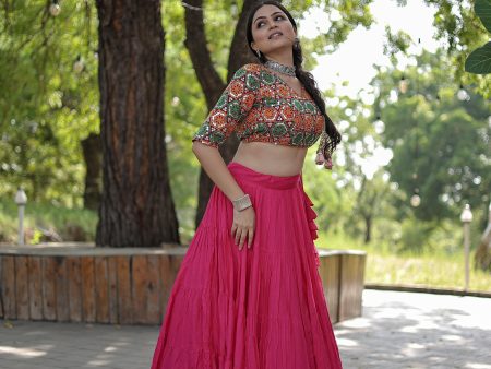 Lorenvalley Pink Premium Rayon Lehenga with Georgette Embroidered Traditional Thread work Choli Supply