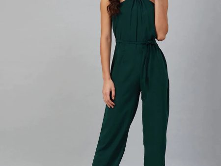 Women Green Solid Basic Halter Neck Basic Jumpsuit - Rasiya Hot on Sale