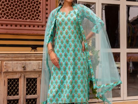 Pomcha Jaipur Gaurangi Aqua Green Cotton Printed Suit Set For Sale