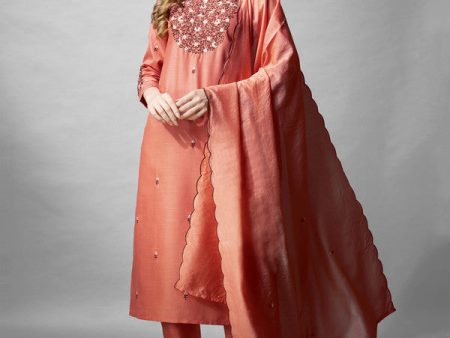 Malishka Women s Coral Embroidered Cotton Blend Kurta Pant Set With Dupatta on Sale