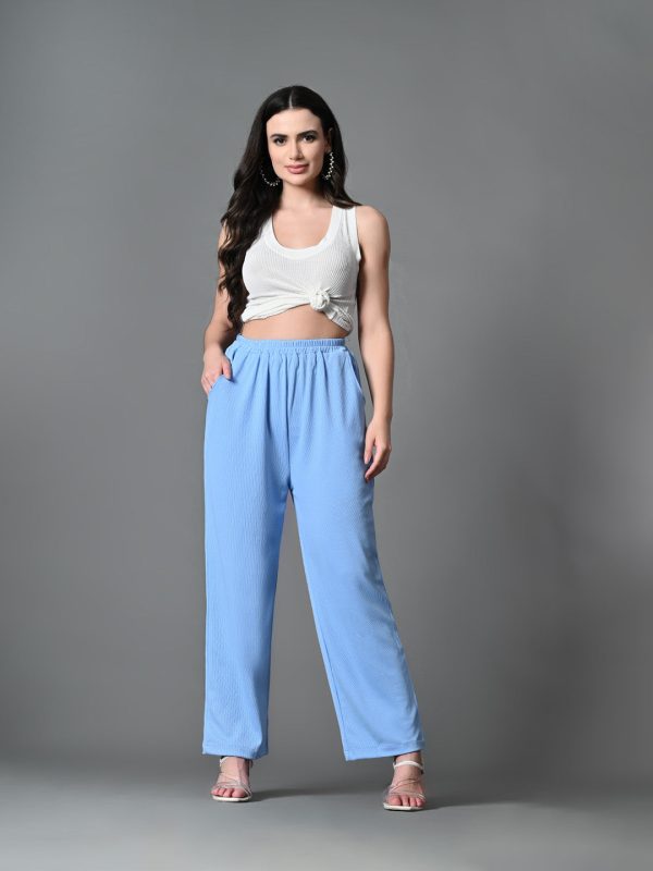 Myshka Women s Solid Ribbed High-Rise Wide Leg Casual Trousers in Blue Color Cheap