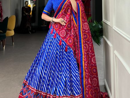 Lorenvalley Blue Tussar Silk Lehenga Leheriya Patola Print Border With Choli Bandhej Print With Bandhej Print Gotta Patti Lace Border Dupatta Online