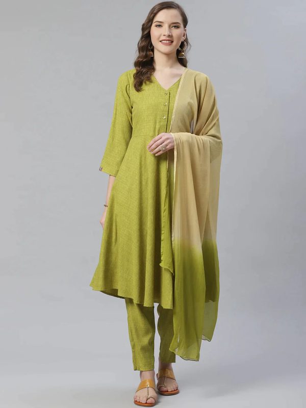 Women Green & Beige Self Design Kurta With Trousers & Dupatta - Rasiya Cheap