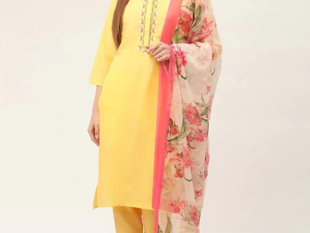 Women Yellow Embroidered Regular Kurta With Trousers & With Dupatta - Rasiya Hot on Sale