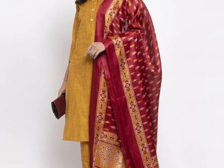 Women Yellow Self-Striped Kurta With Trousers & Art Silk Printed Dupatta - Rasiya Online Sale