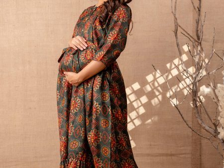 Women Green Printed Flared Maternity Dress - Rasiya Cheap