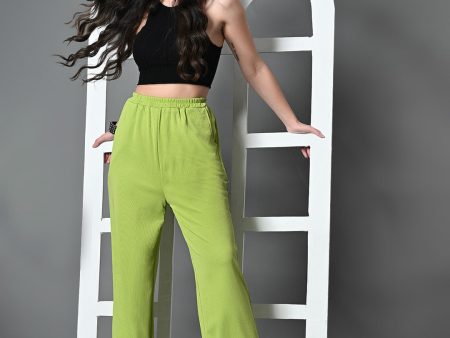 Myshka Women s Solid Ribbed High-Rise Wide Leg Casual Trousers in Green Color Online Sale