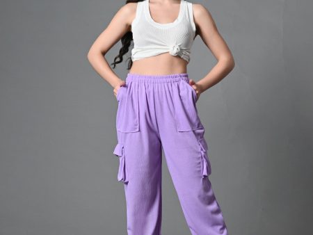 Myshka Women s Solid Ribbed High-Rise Cargo Style Casual Trousers in Lavender Color Supply