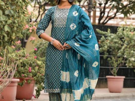 Juniper Women s Green Ethnic Motif Printed Cotton Kurta, Pant And Dupatta Set With Zari Work & Sequins For Sale