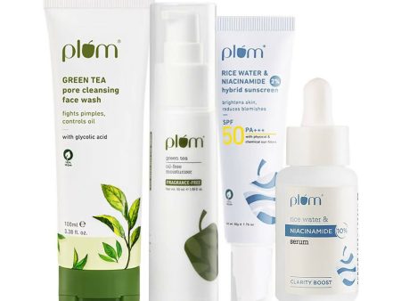 Plum Clear Skin CSMS (Cleanser, Serum, Moisturizer, Sunscreen) Combo With Green Tea & Niacinamide Cheap