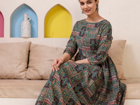 Women Green Abstract Printed Flared Dress - Rasiya Online Hot Sale