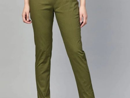 Women Olive Green Smart Slim Fit Solid Regular Trousers - Rasiya on Sale