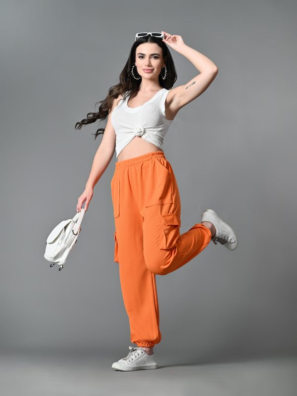 Myshka Women s Solid Ribbed High-Rise Cargo Style Casual Trousers in Orange Color Sale