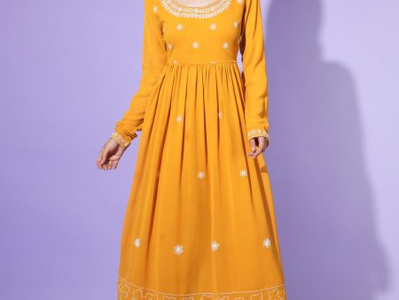 Women Yellow georgette Aari work A-Line Kurta with Sharara - Rasiya Supply