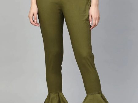 Women Olive Green Smart Fit Solid Bottom Flared Trousers - Rasiya Cheap