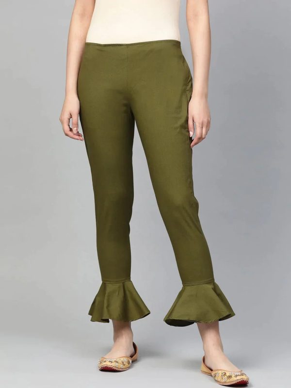 Women Olive Green Smart Fit Solid Bottom Flared Trousers - Rasiya Cheap